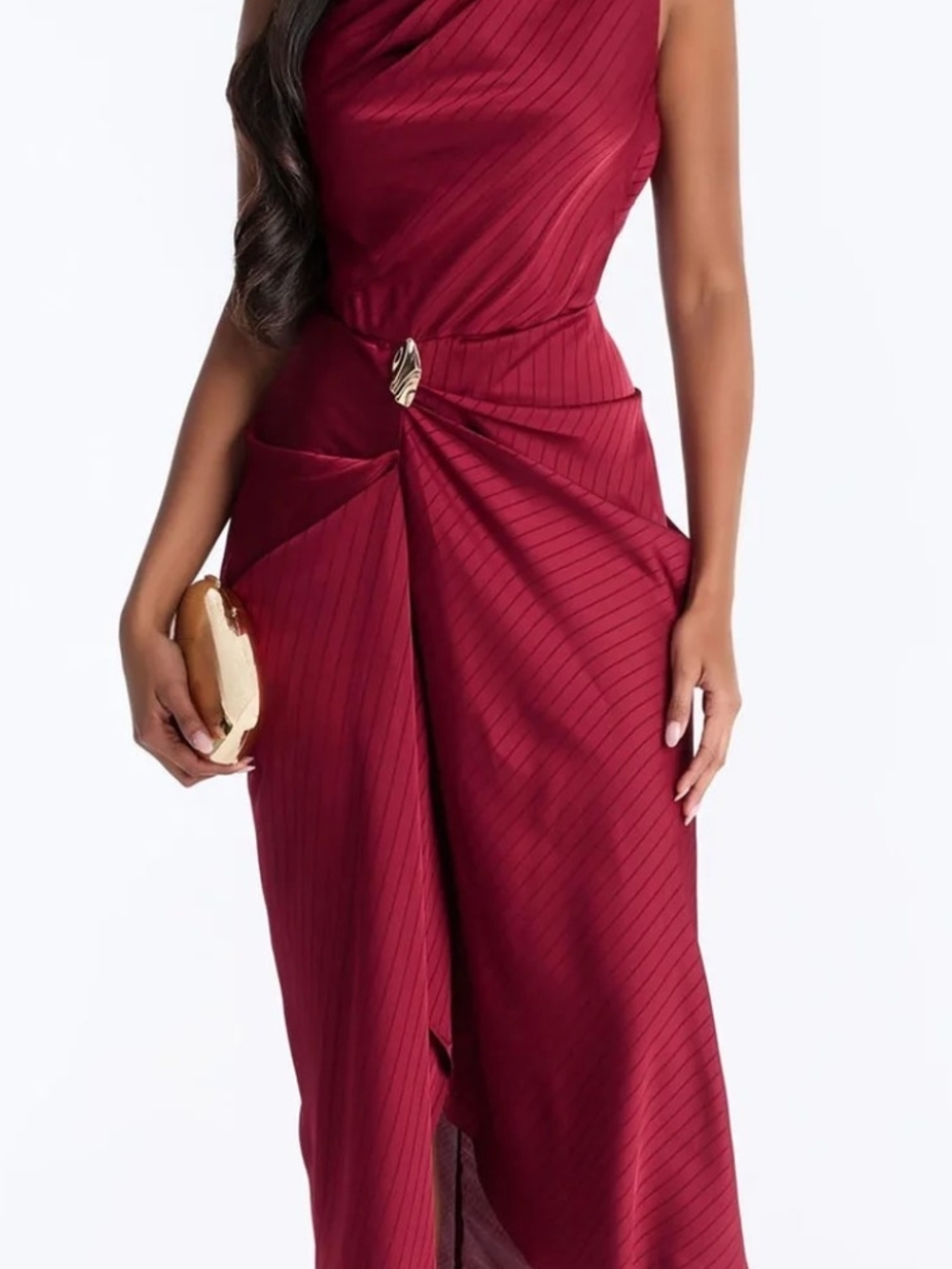 Asymmetric Pleated Maxi Dress in Cranberry